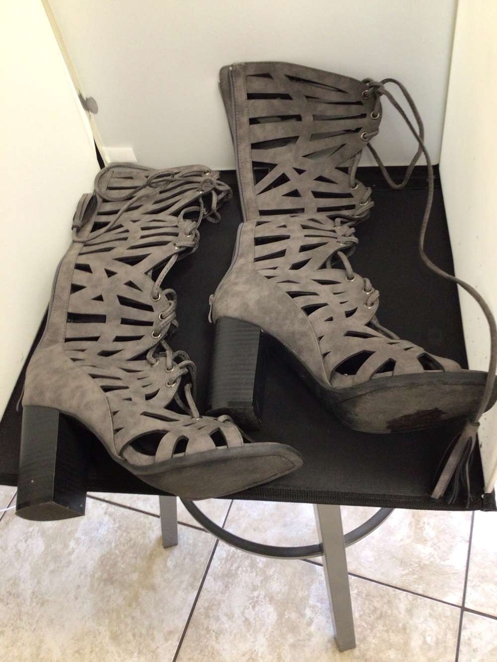 2 Lips Too Lace-Up Cutout Heeled Sandals in Gray